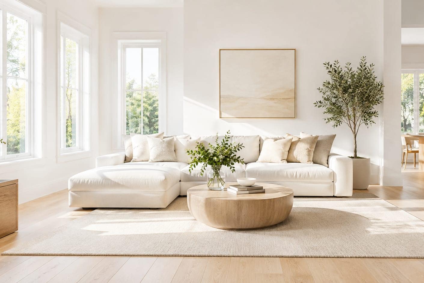 A bright, freshly cleaned living room with white sofas and morning light